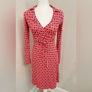 Boden Women's Red and White Wrap Dress with Long Sleeves S 4